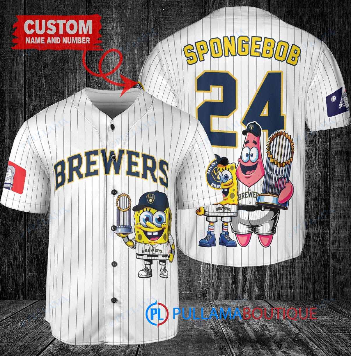 Milwaukee Brewers x SpongeBob SquarePants with Trophy Custom Baseball Jersey White