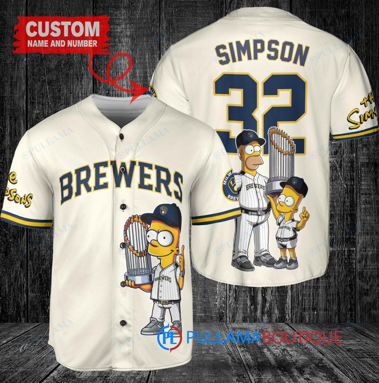 Milwaukee Brewers x The Simpsons Bart Simpson, Homer Simpson, Lisa Simpson with Trophy Custom Baseball Jersey Cream