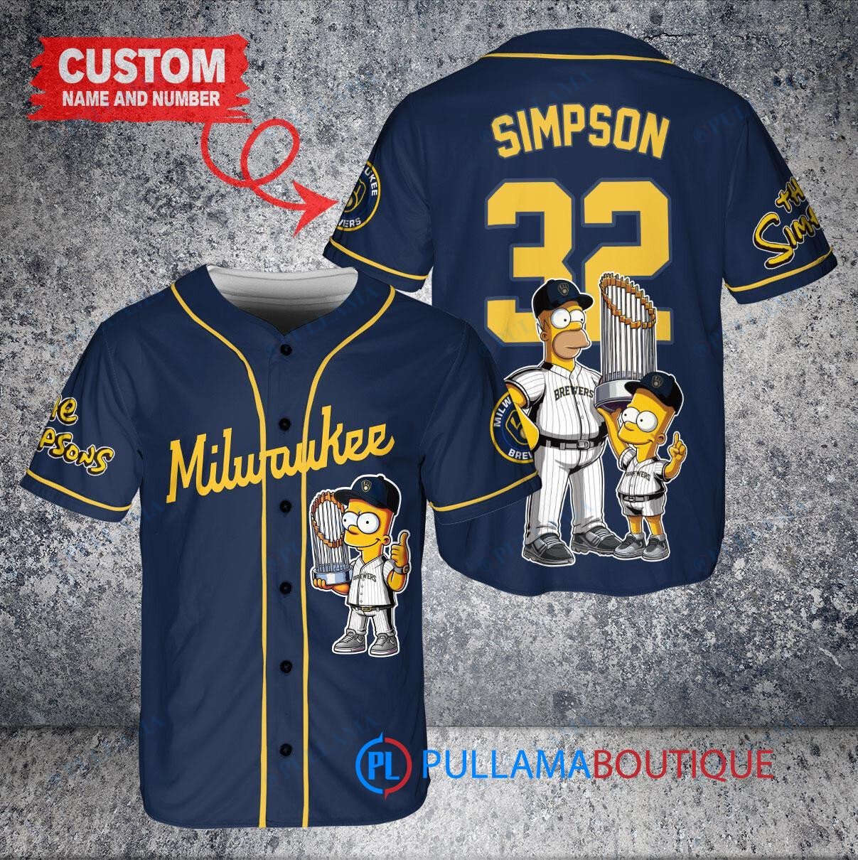 Milwaukee Brewers x The Simpsons Bart Simpson, Homer Simpson, Lisa Simpson with Trophy Custom Baseball Jersey Navy