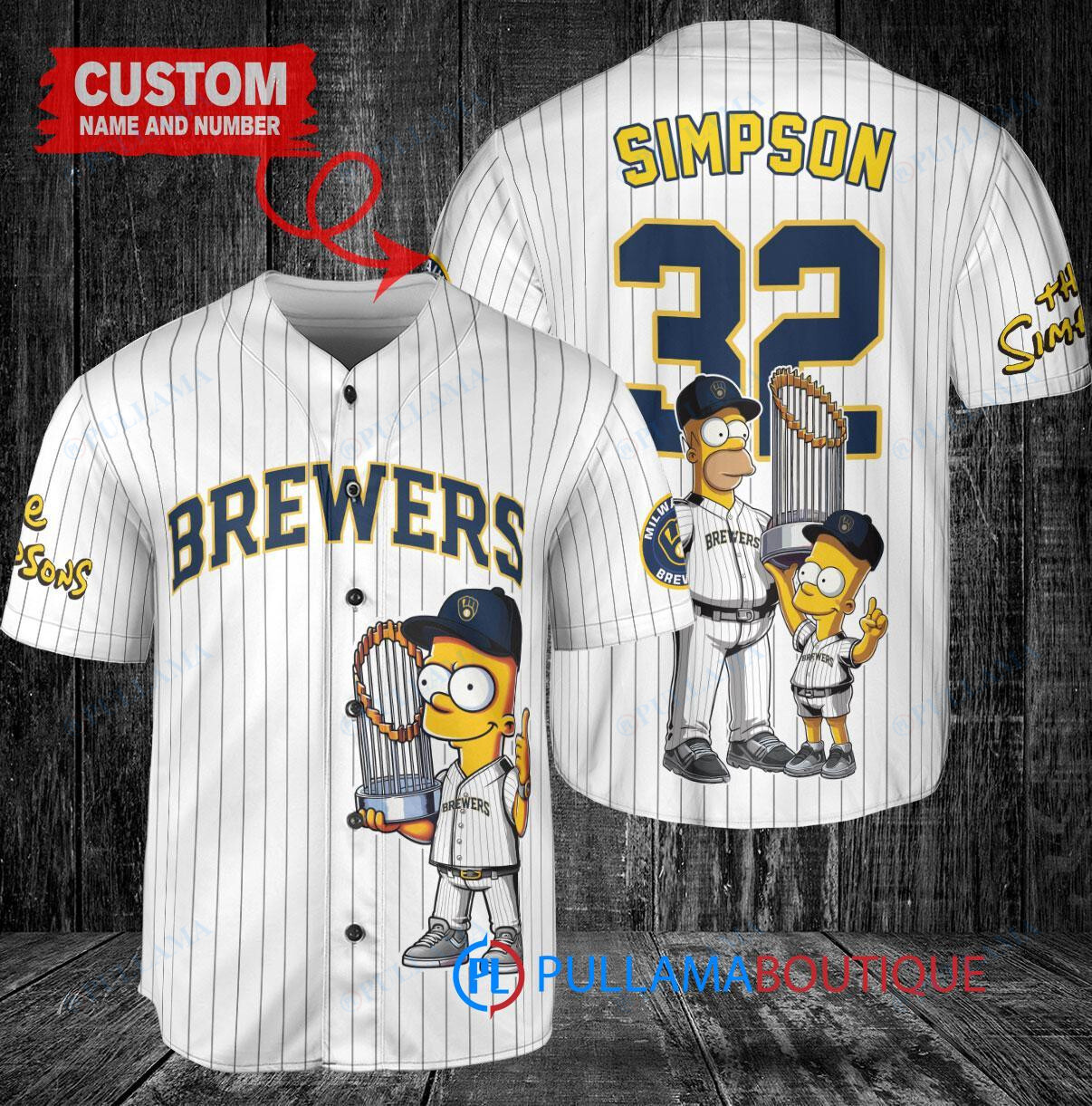 Milwaukee Brewers x The Simpsons Bart Simpson, Homer Simpson, Lisa Simpson with Trophy Custom Baseball Jersey White
