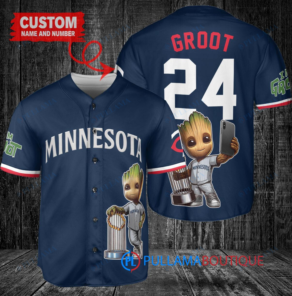 Minnesota Twins x Baby Groot Marvel Guardians Of The Galaxy with Trophy Custom Baseball Jersey Navy