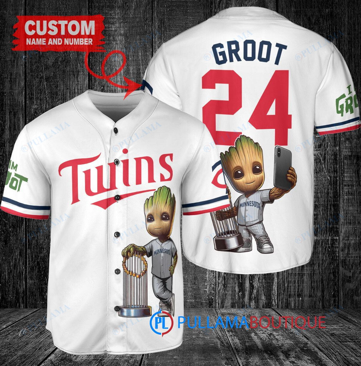 Minnesota Twins x Baby Groot Marvel Guardians Of The Galaxy with Trophy Custom Baseball Jersey White
