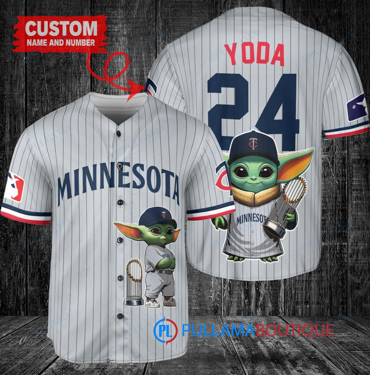 Minnesota Twins x Baby Yoda Star Wars The Mandalorian with Trophy Custom Baseball Jersey Gray Road