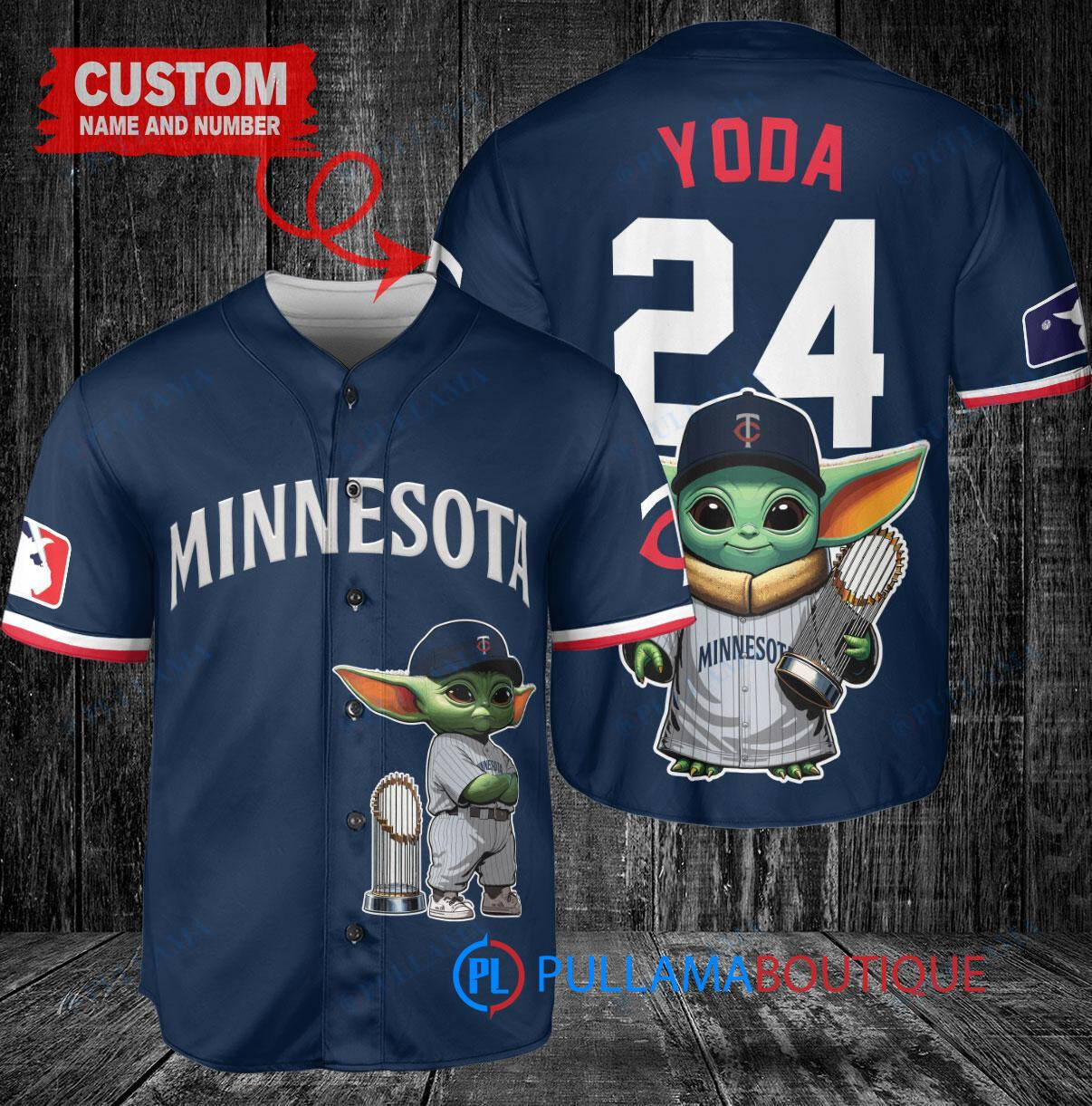 Minnesota Twins x Baby Yoda Star Wars The Mandalorian with Trophy Custom Baseball Jersey Navy