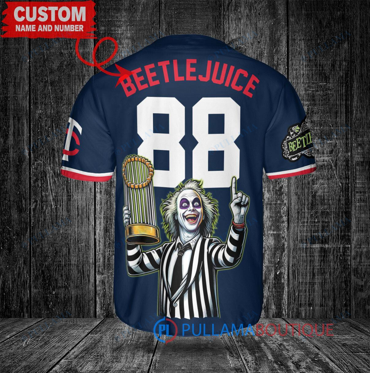 Minnesota Twins x Beetlejuice Halloween with World Series Trophy Custom Baseball Jersey Navy