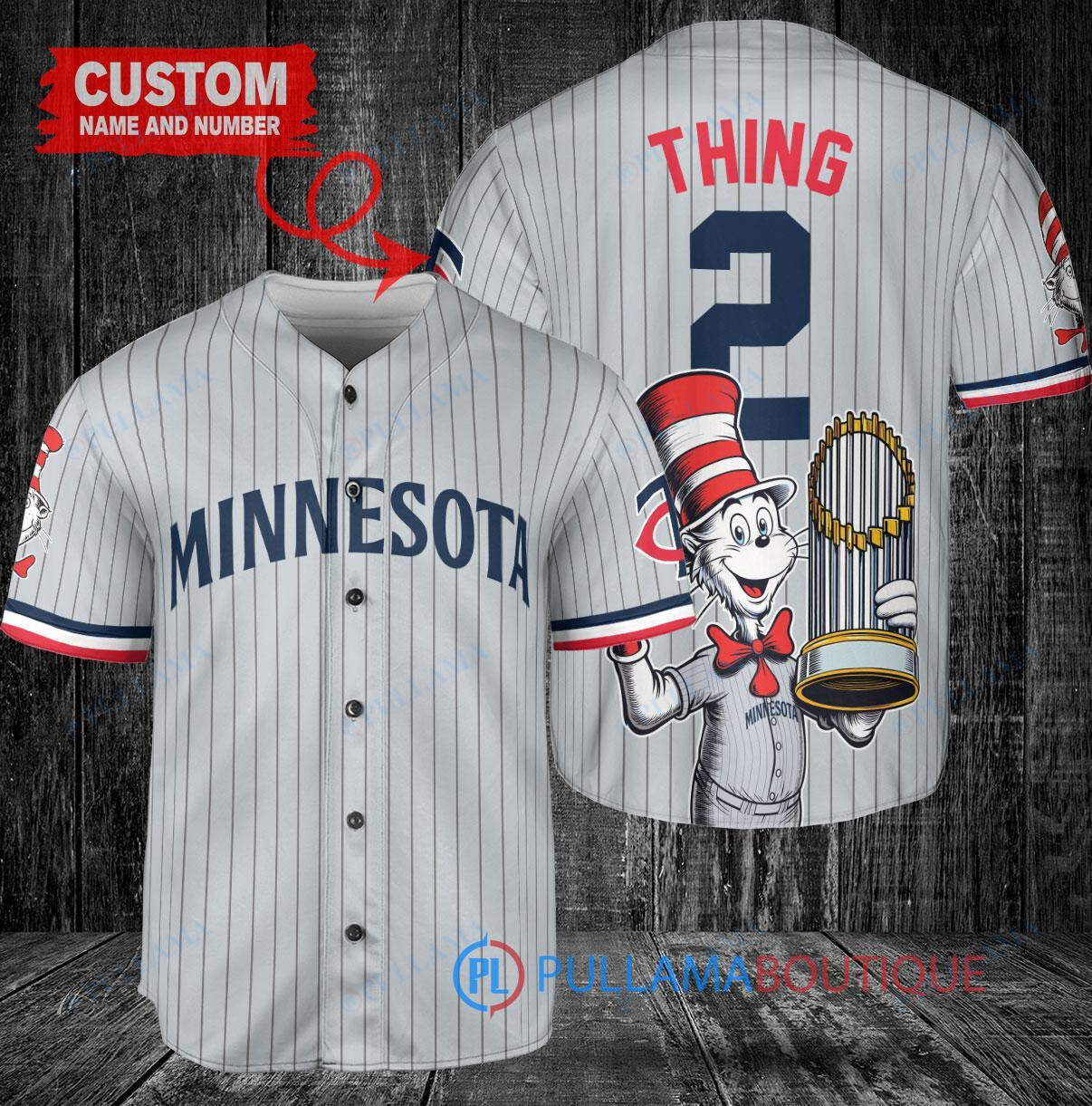 Minnesota Twins x Dr Seuss with World Series Trophy Custom Baseball Jersey Gray Road