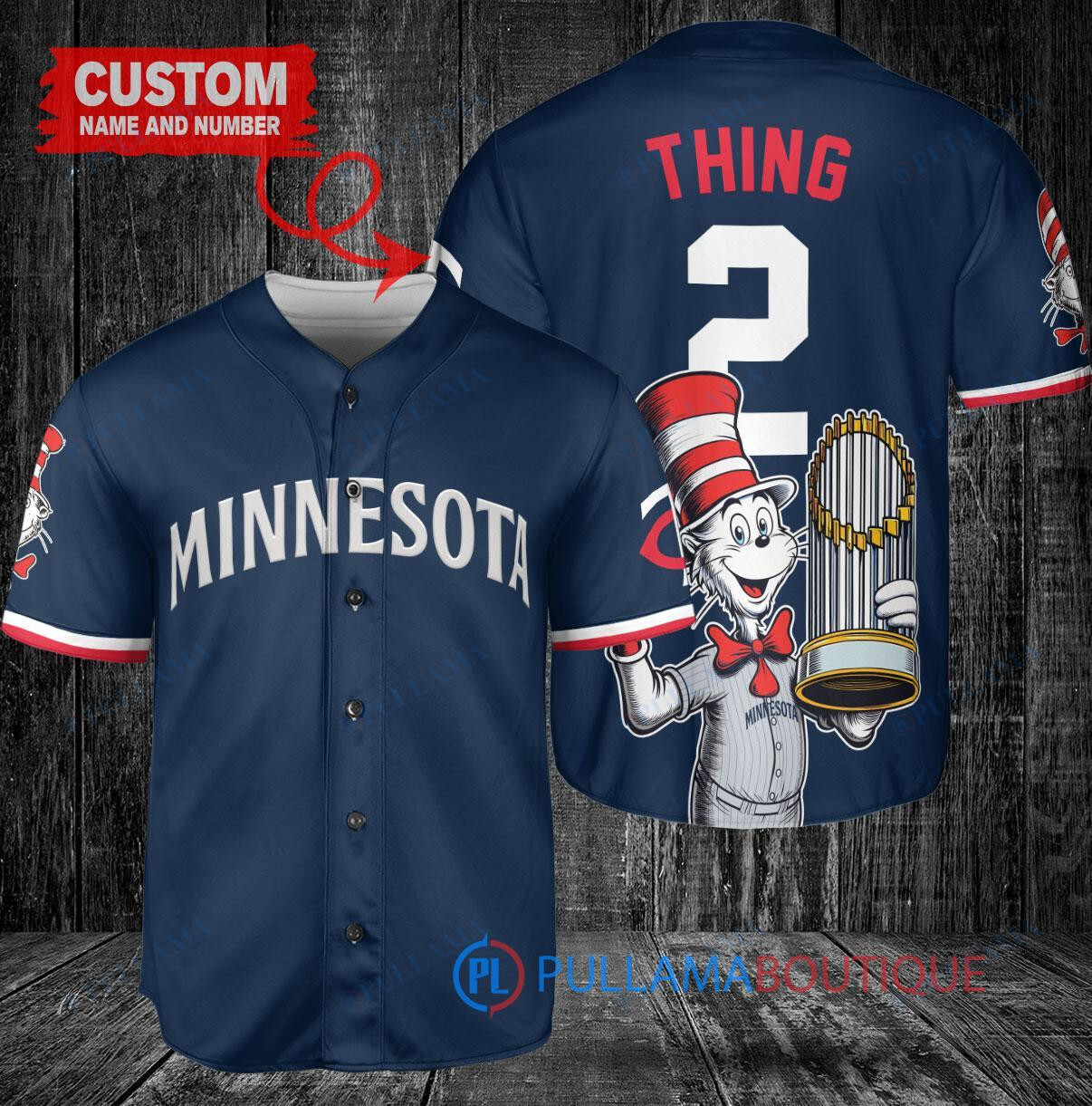 Minnesota Twins x Dr Seuss with World Series Trophy Custom Baseball Jersey Navy