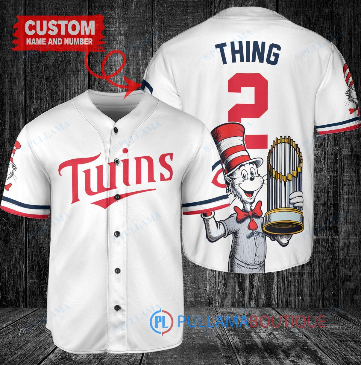 Minnesota Twins x Dr Seuss with World Series Trophy Custom Baseball Jersey White