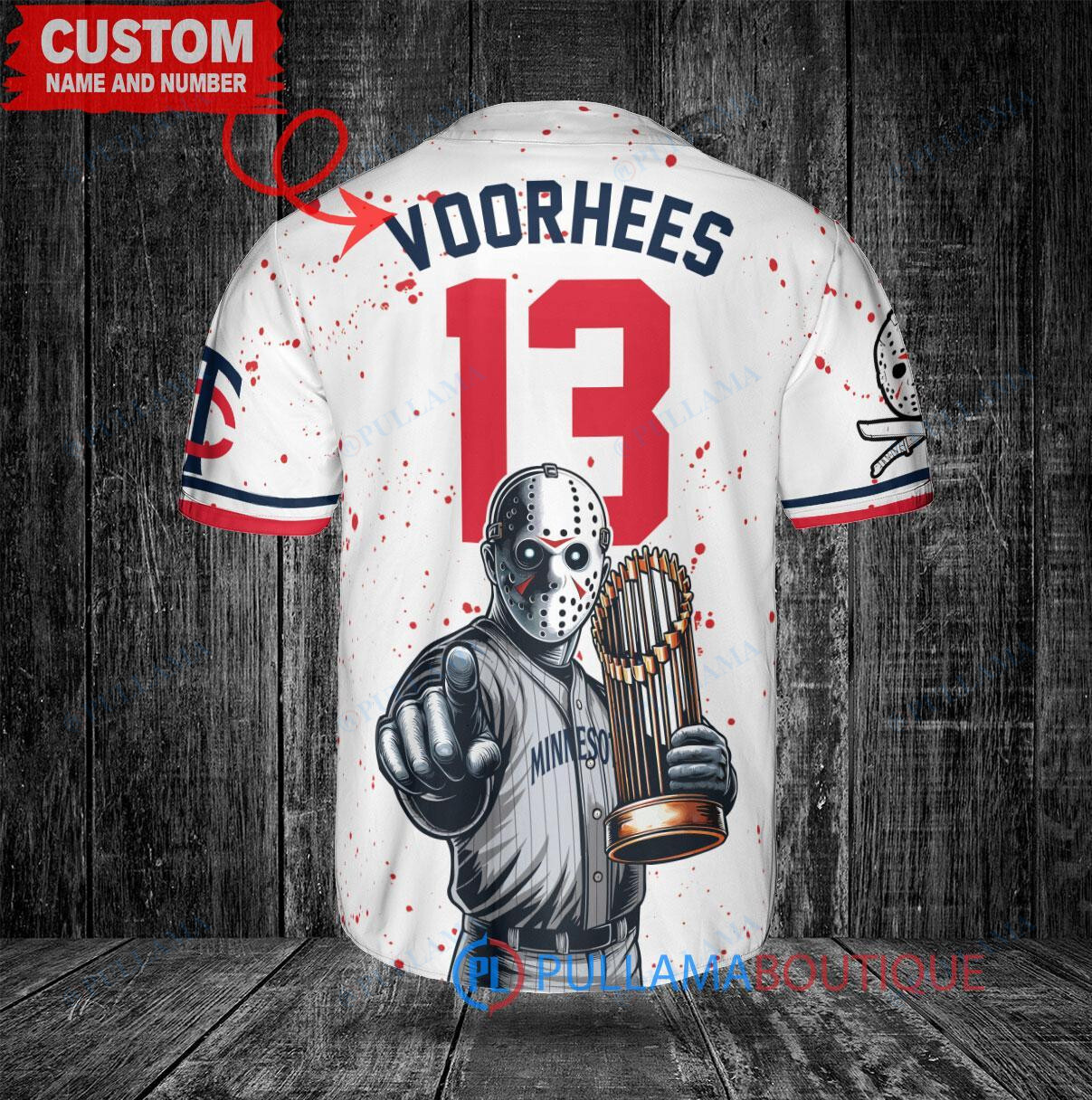 Minnesota Twins x Friday the 13th Jason Voorhees Halloween with World Series Trophy Custom Baseball Jersey White