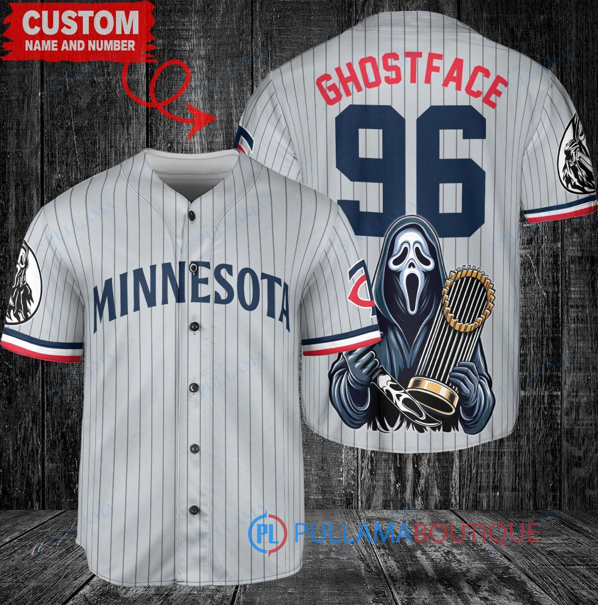 Minnesota Twins x Ghostface Scream Halloween Halloween with World Series Trophy Custom Baseball Jersey Gray Road