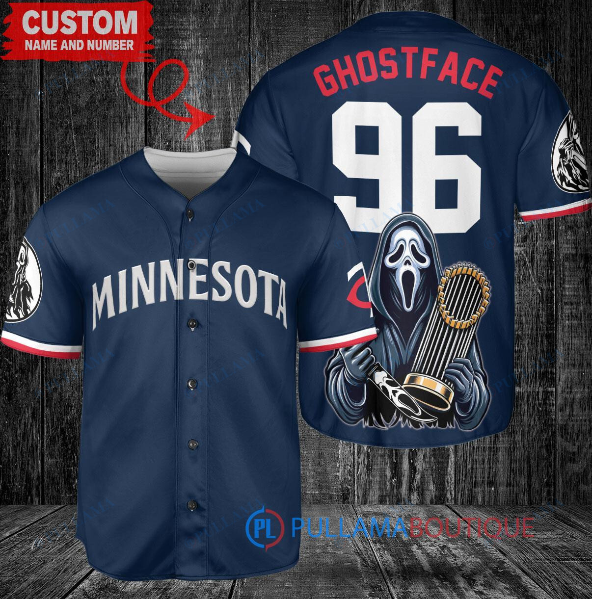 Minnesota Twins x Ghostface Scream Halloween Halloween with World Series Trophy Custom Baseball Jersey Navy