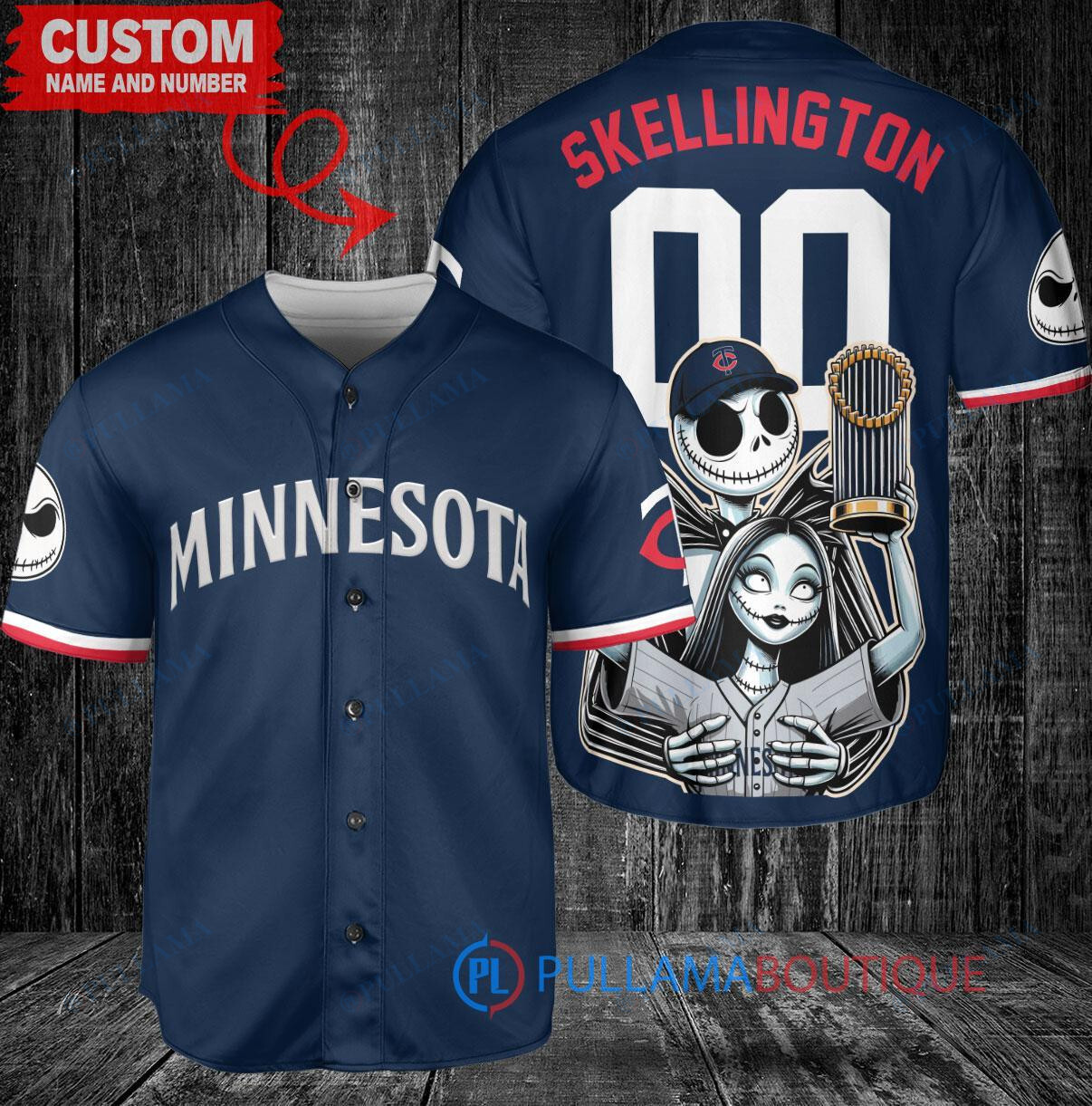 Minnesota Twins x Jack Skellington and Sally The Nightmare Before Christmas with World Series Trophy Custom Baseball Jersey Navy