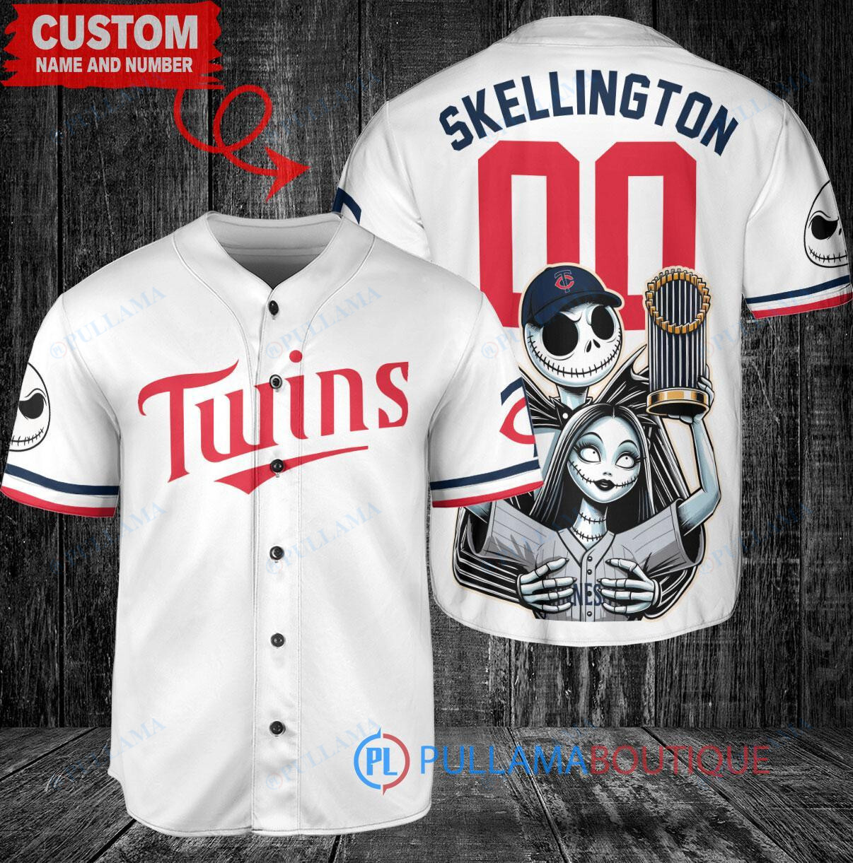 Minnesota Twins x Jack Skellington and Sally The Nightmare Before Christmas with World Series Trophy Custom Baseball Jersey White