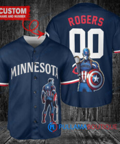 Minnesota Twins x Marvel Captain America Steve Rogers with Trophy Custom Baseball Jersey Navy