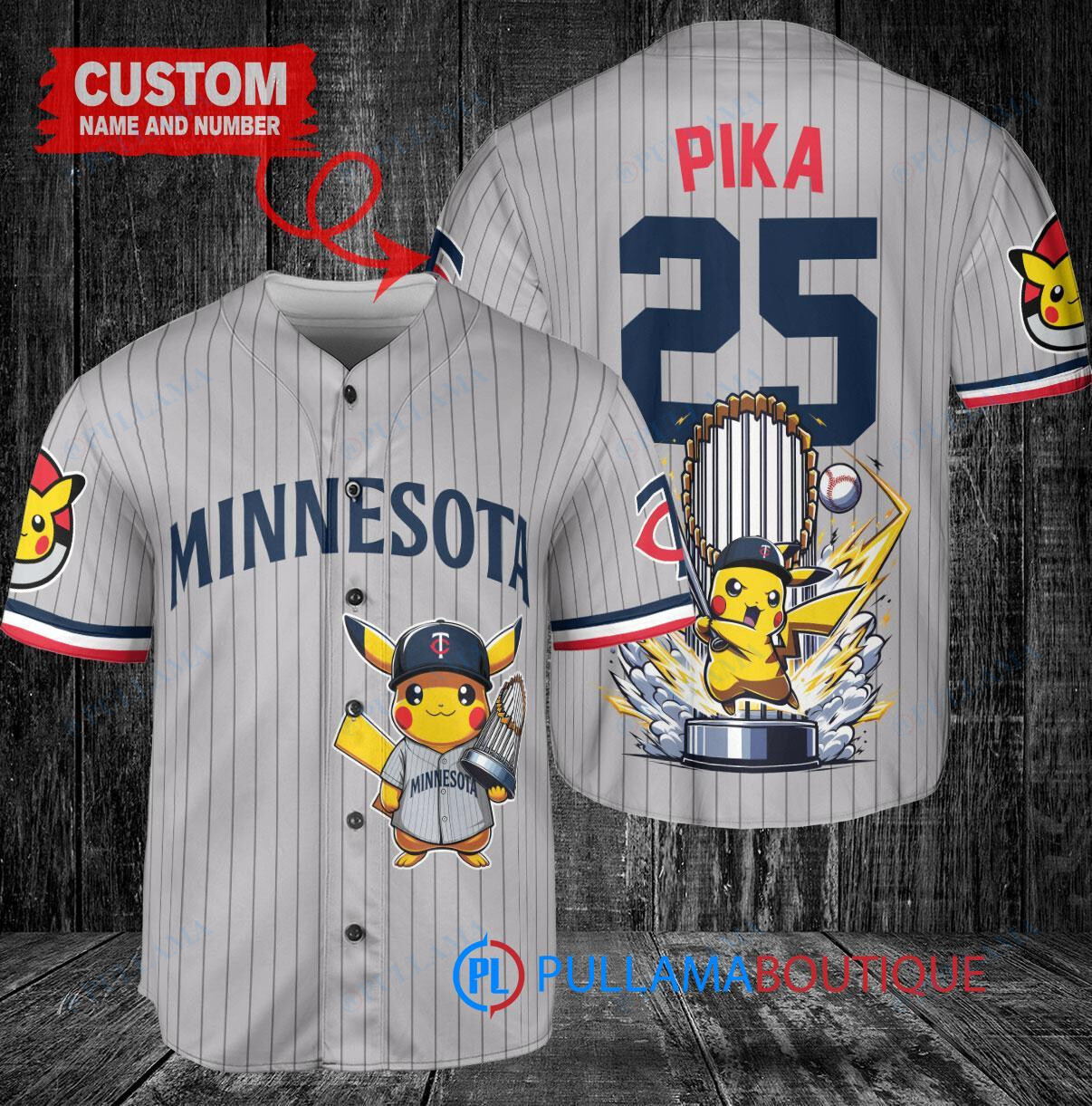 Minnesota Twins x Pikachu Pokemon with Trophy Custom Baseball Jersey Gray Road