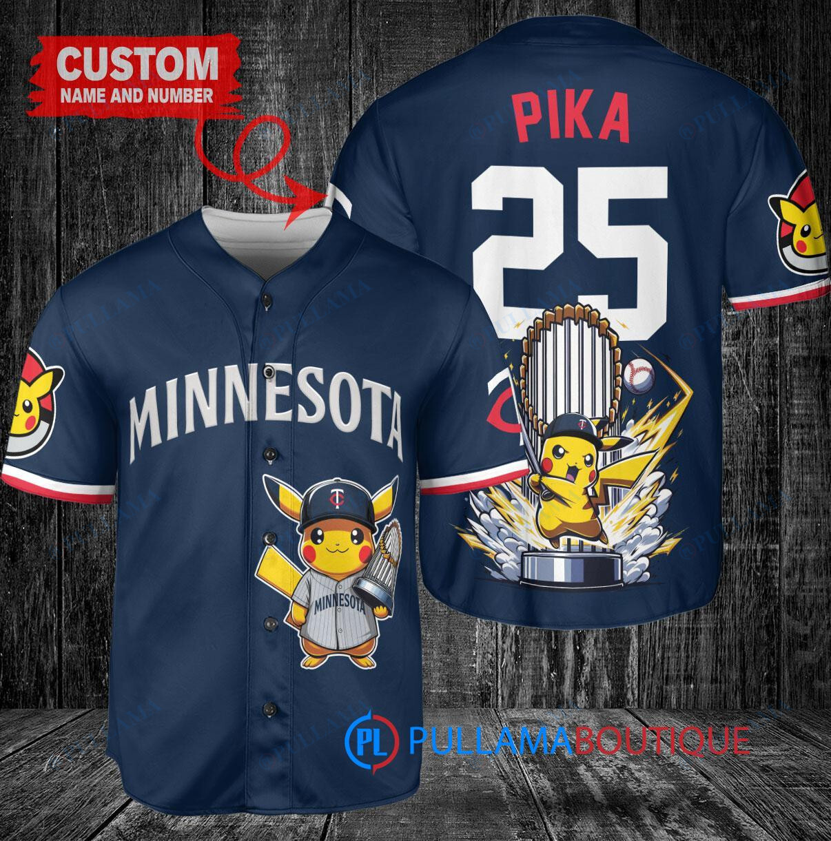 Minnesota Twins x Pikachu Pokemon with Trophy Custom Baseball Jersey Navy