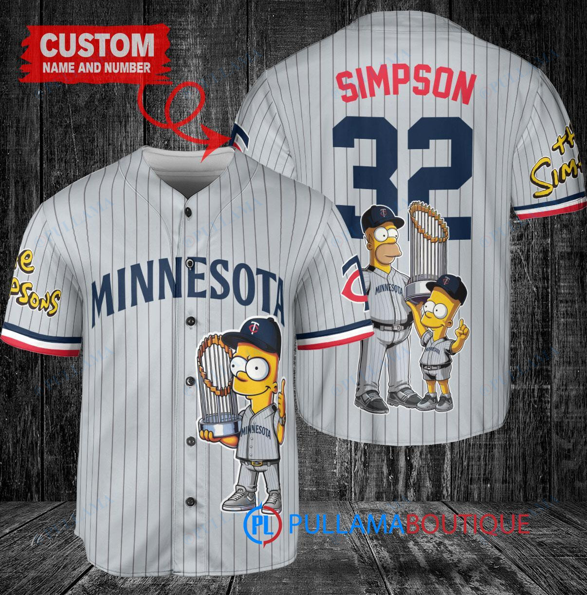 Minnesota Twins x The Simpsons Bart Simpson, Homer Simpson, Lisa Simpson with Trophy Custom Baseball Jersey Gray Road