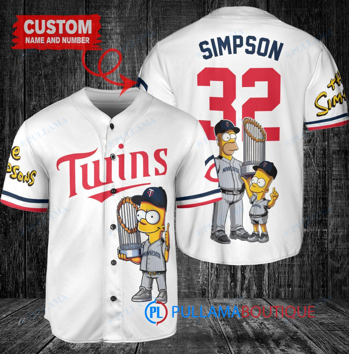 Minnesota Twins x The Simpsons Bart Simpson, Homer Simpson, Lisa Simpson with Trophy Custom Baseball Jersey White