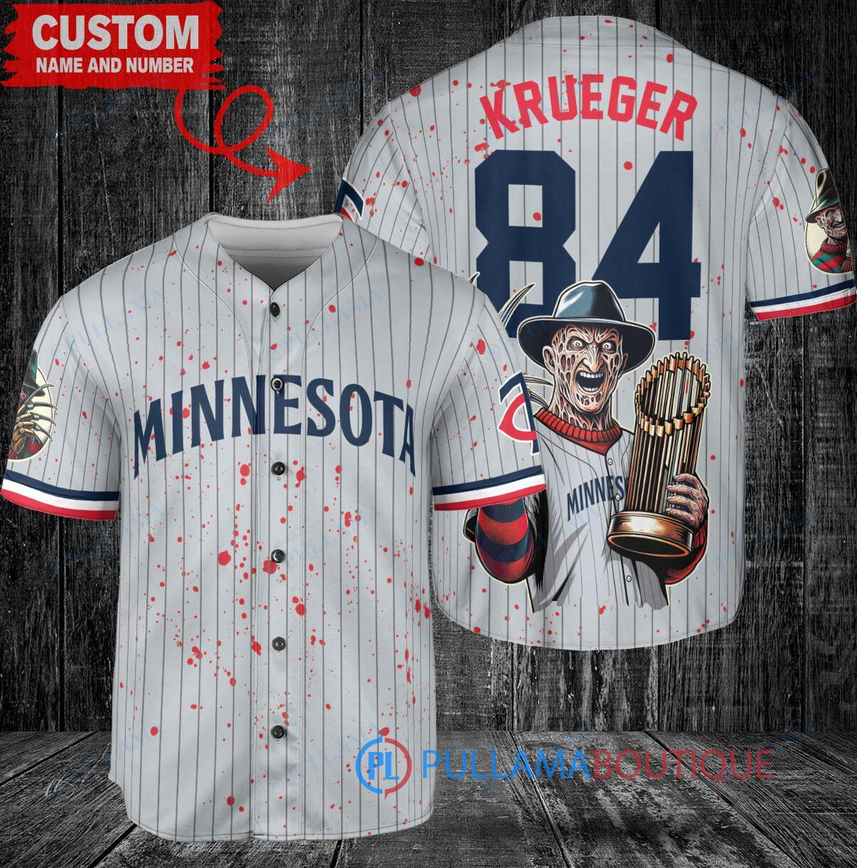MN Twins Freddy Krueger Halloween World Series Trophy Baseball Jersey Gray