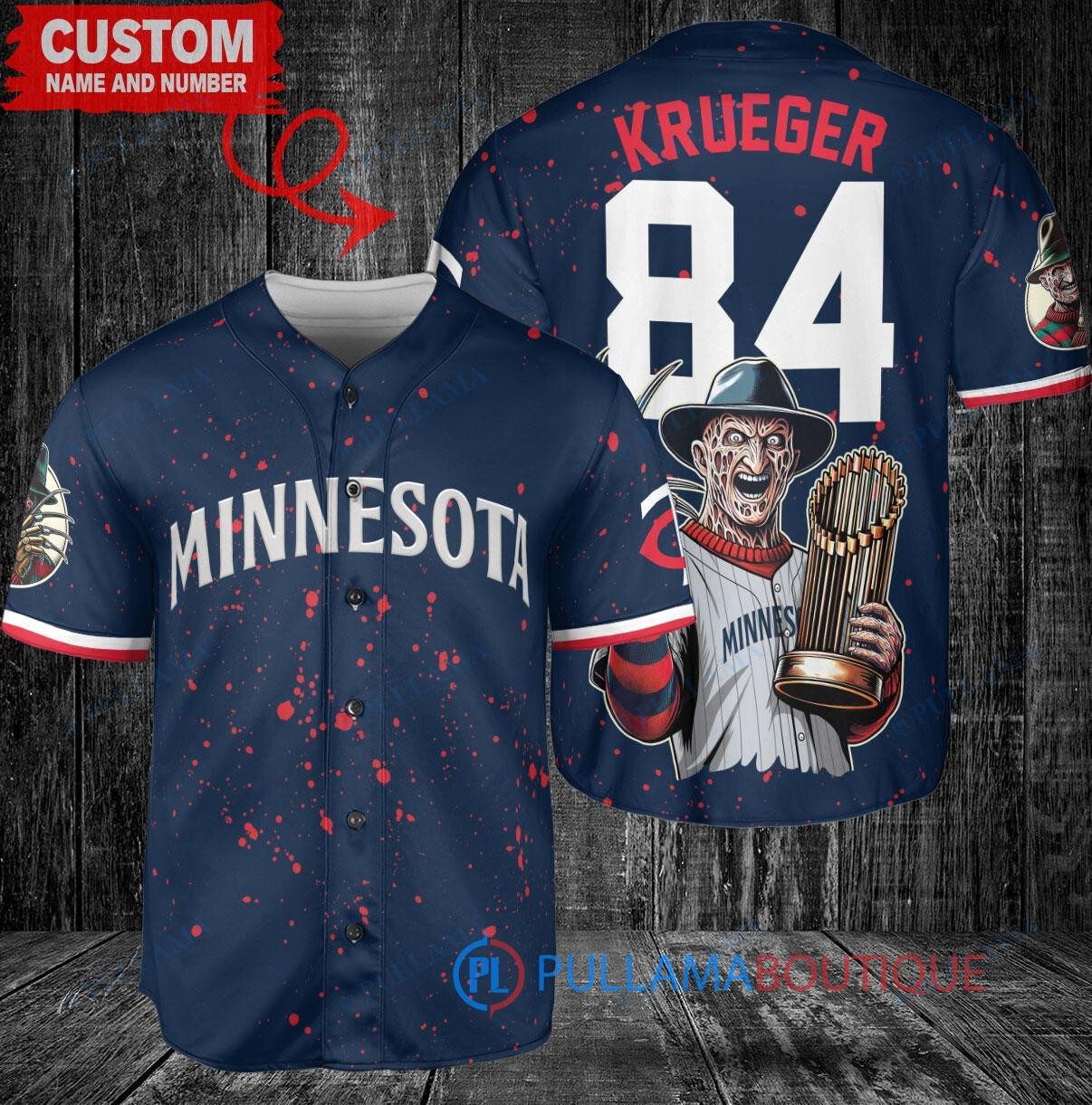 MN Twins Freddy Krueger Halloween World Series Trophy Baseball Jersey Navy