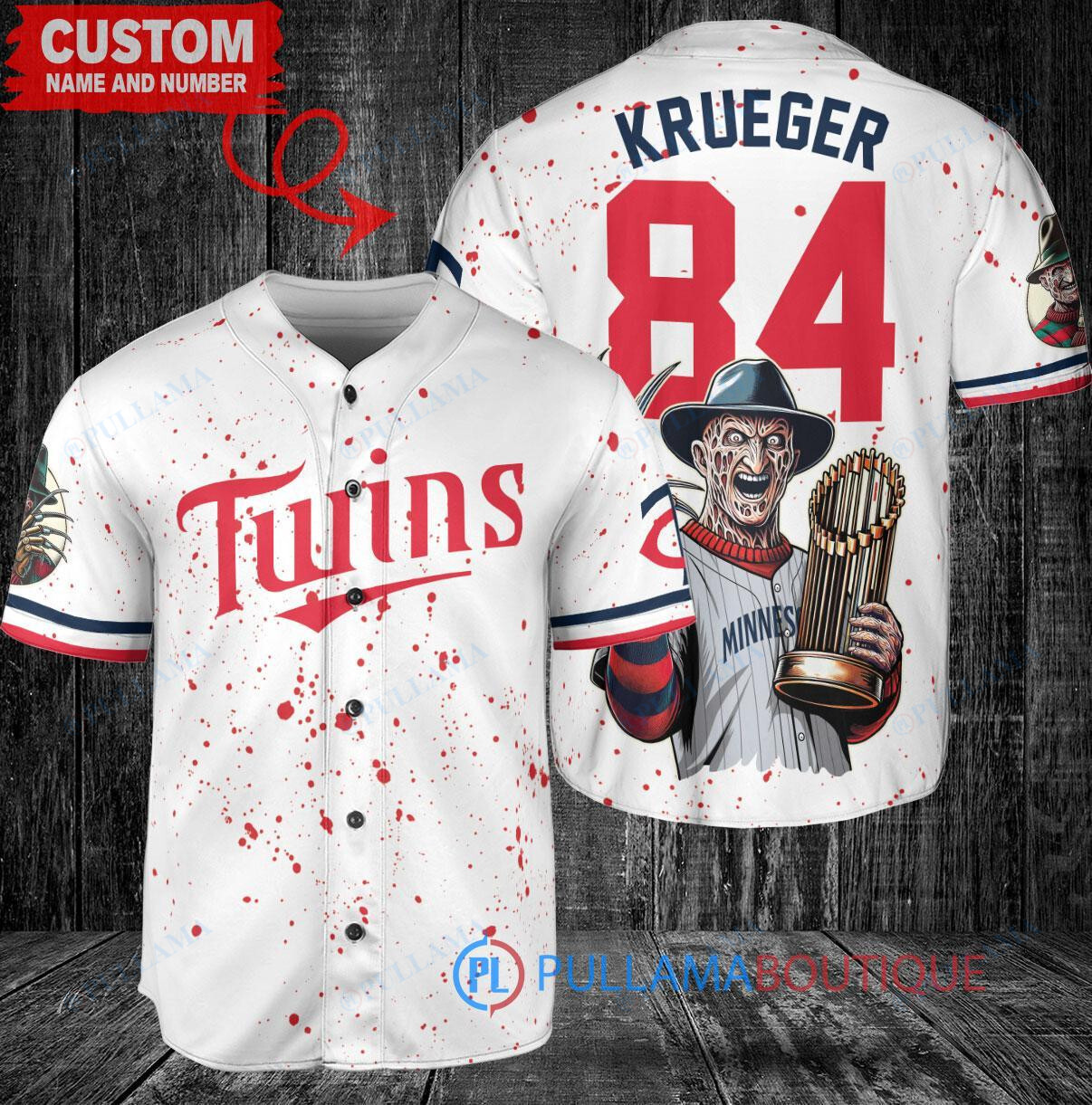MN Twins Freddy Krueger Halloween World Series Trophy Baseball Jersey White