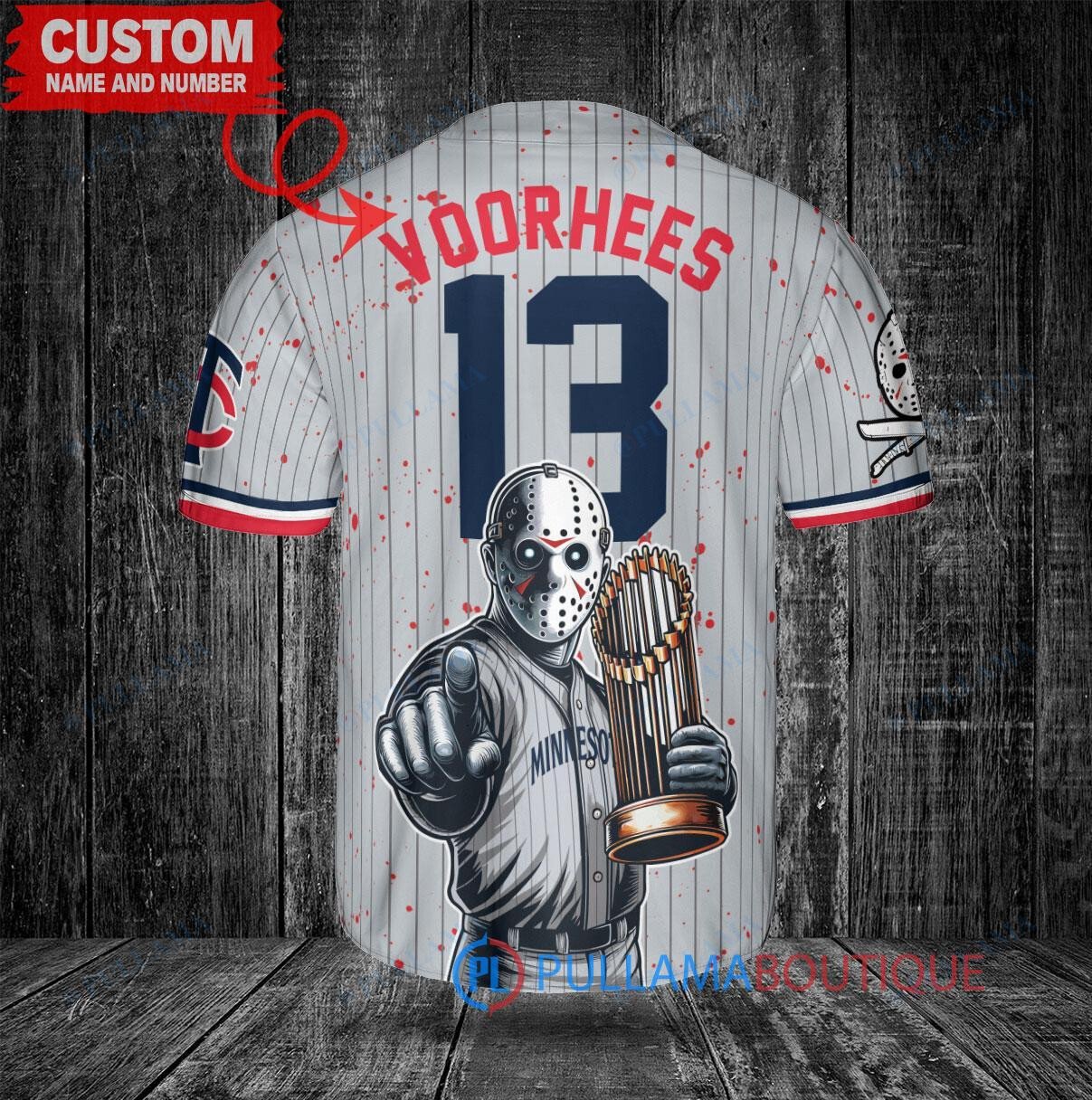 MN Twins Jason Voorhees Halloween World Series Trophy Baseball Jersey Gray