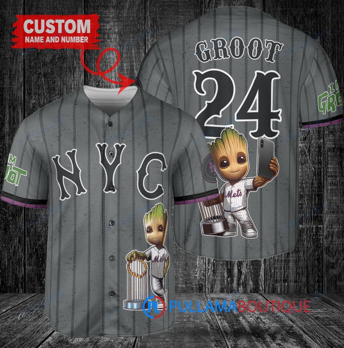 New York Mets x Baby Groot Marvel Guardians Of The Galaxy with Trophy Custom Baseball Jersey Graphite City Connect