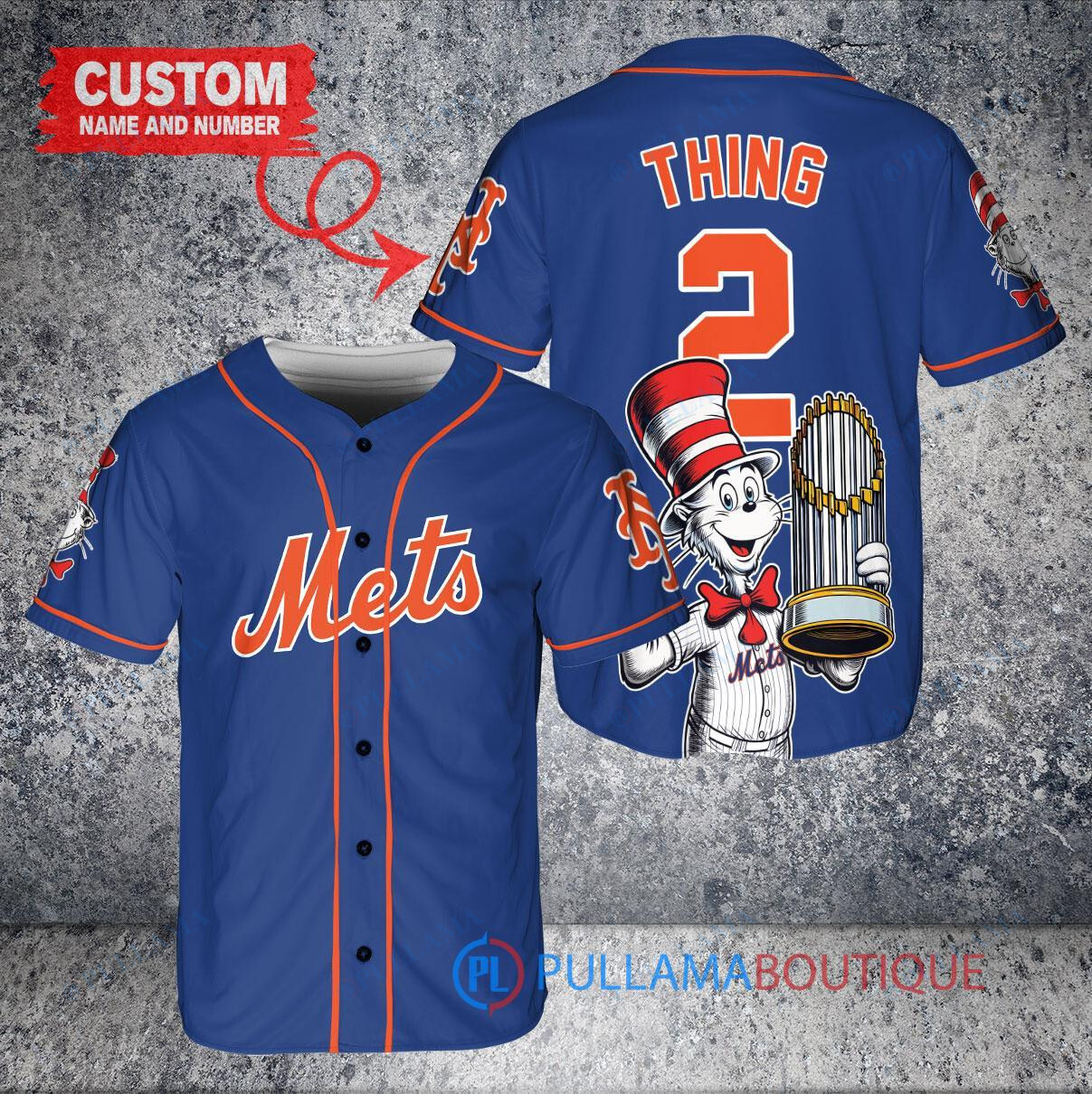 New York Mets x Dr Seuss with World Series Trophy Custom Baseball Jersey Royal