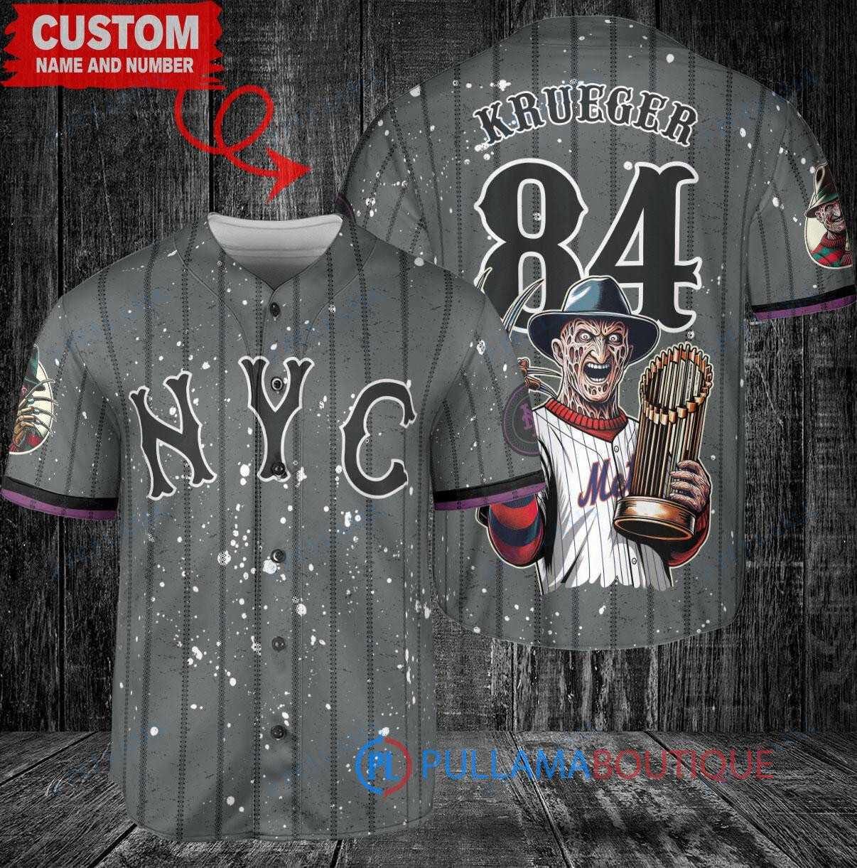 New York Mets x Freddy Krueger A Nightmare on Elm Street Halloween with World Series Trophy Custom Baseball Jersey Graphite City Connect