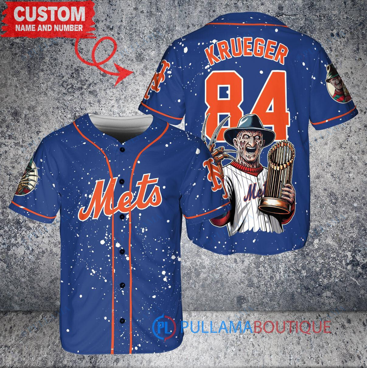 New York Mets x Freddy Krueger A Nightmare on Elm Street Halloween with World Series Trophy Custom Baseball Jersey Royal