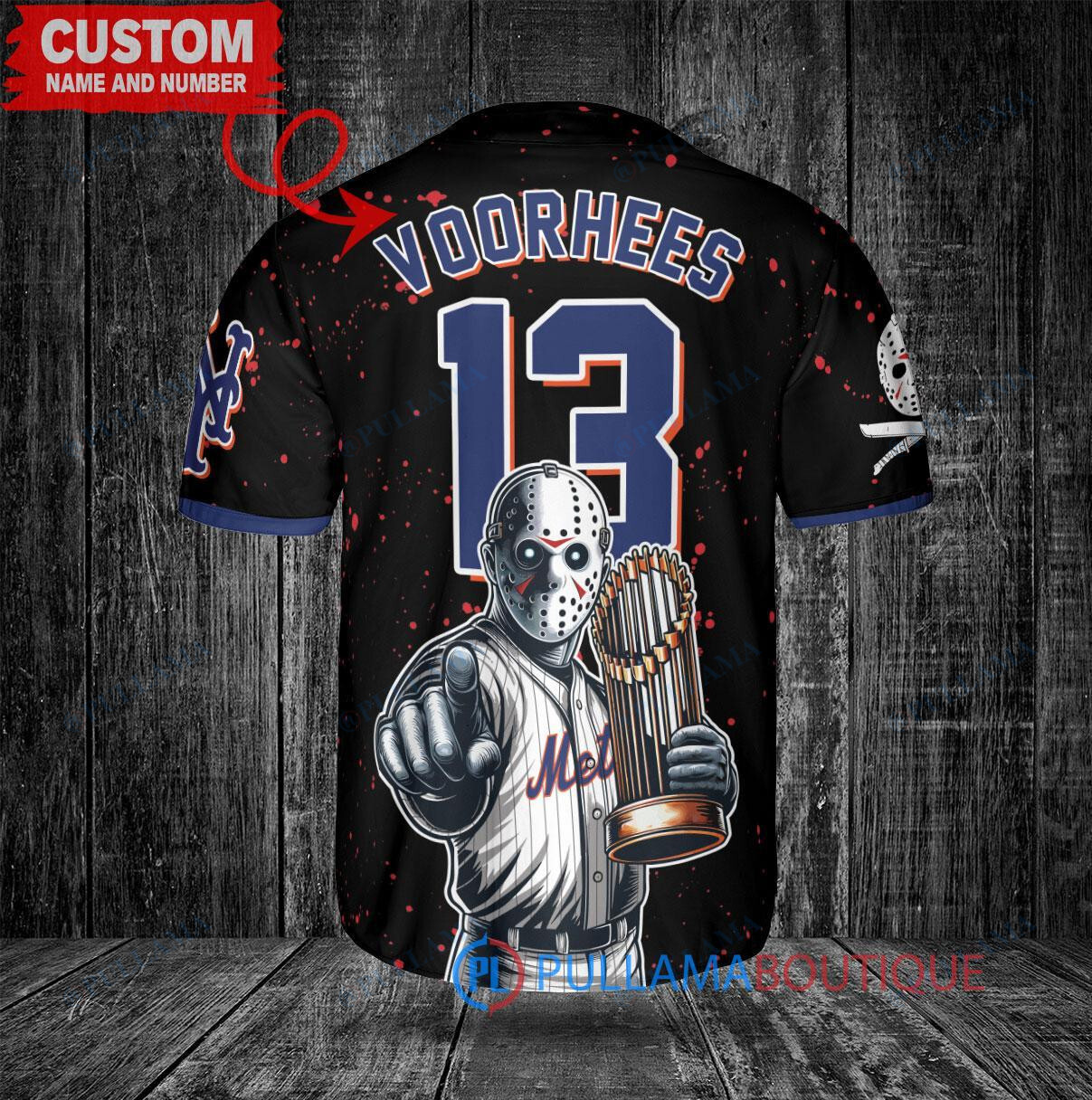 New York Mets x Friday the 13th Jason Voorhees Halloween with World Series Trophy Custom Baseball Jersey Black