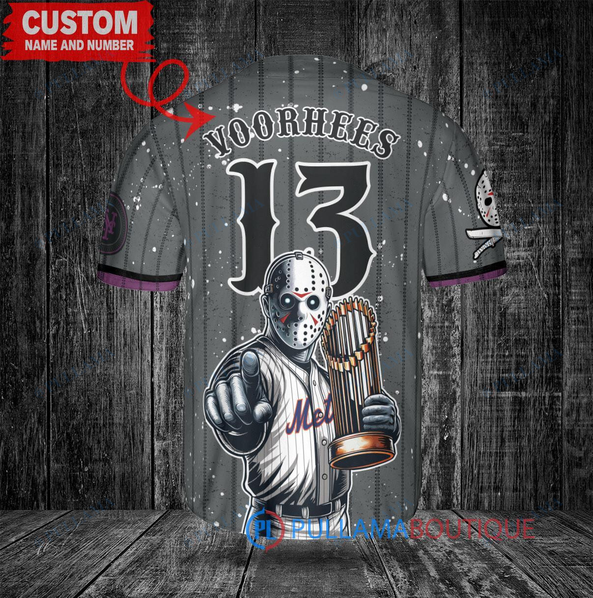 New York Mets x Friday the 13th Jason Voorhees Halloween with World Series Trophy Custom Baseball Jersey Graphite City Connect