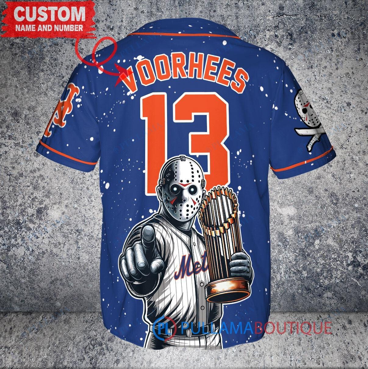 New York Mets x Friday the 13th Jason Voorhees Halloween with World Series Trophy Custom Baseball Jersey Royal