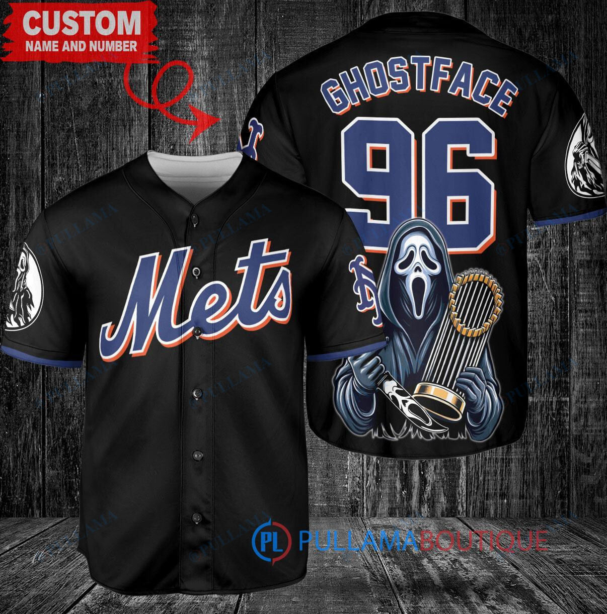 New York Mets x Ghostface Scream Halloween Halloween with World Series Trophy Custom Baseball Jersey Black