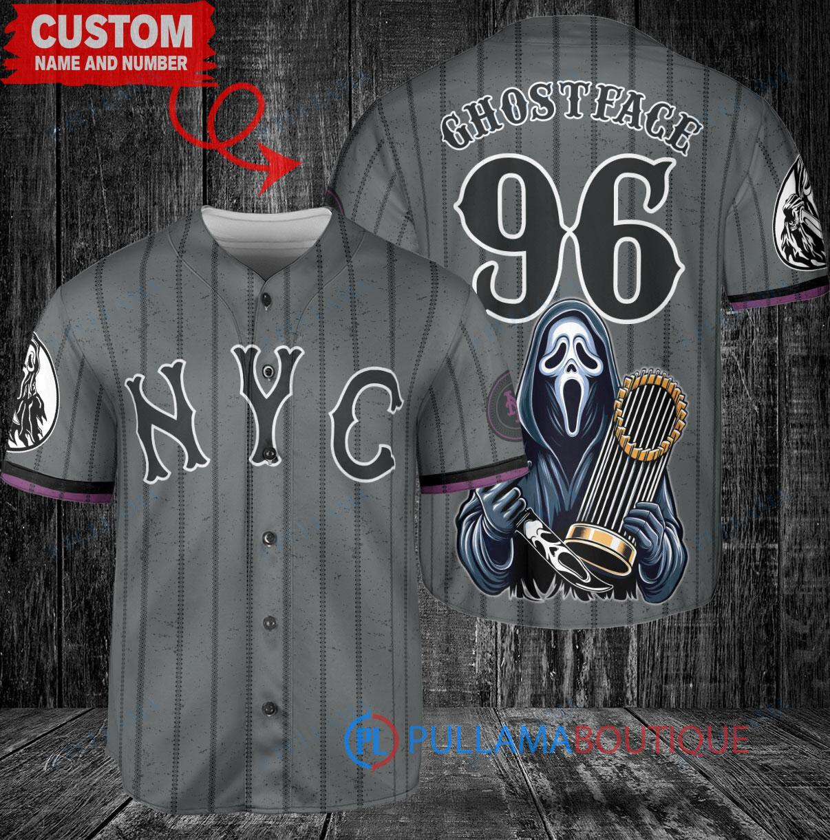 New York Mets x Ghostface Scream Halloween Halloween with World Series Trophy Custom Baseball Jersey Graphite City Connect