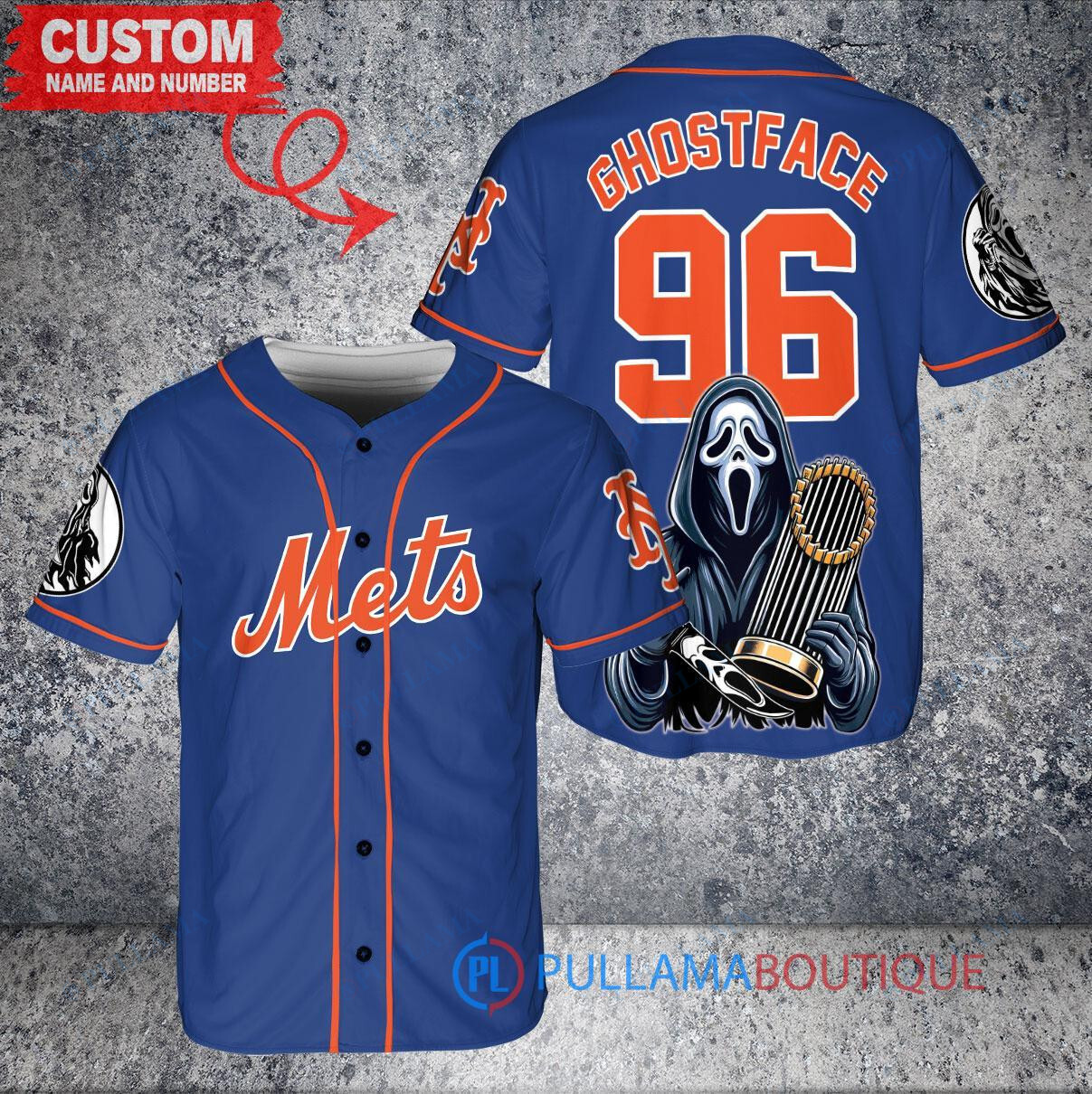 New York Mets x Ghostface Scream Halloween Halloween with World Series Trophy Custom Baseball Jersey Royal