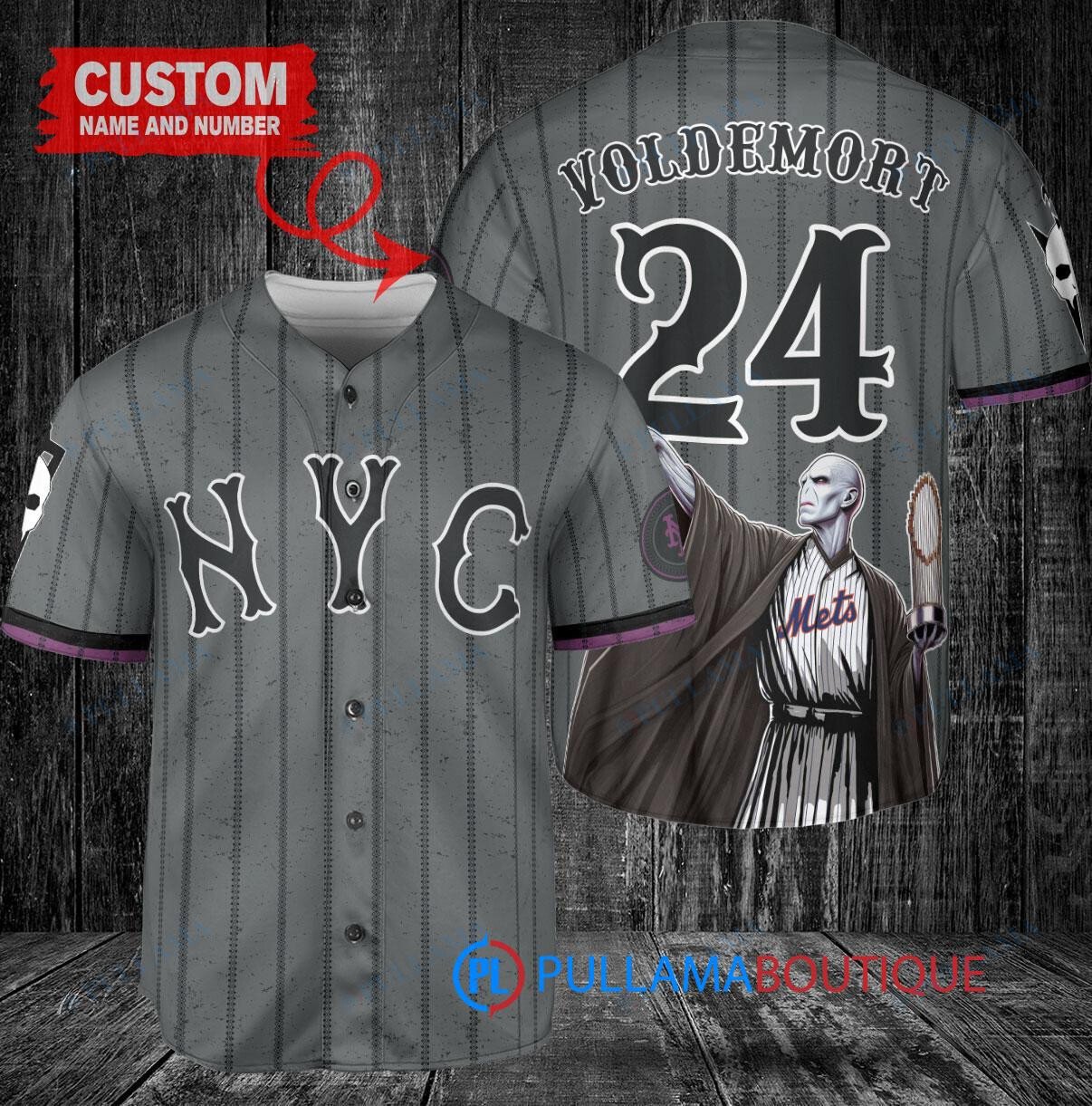 New York Mets x Lord Voldemort Harry Potter with Trophy Custom Baseball Jersey Graphite City Connect