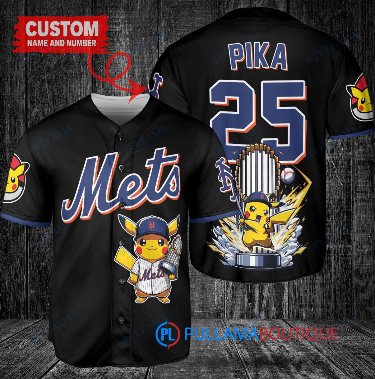 New York Mets x Pikachu Pokemon with Trophy Custom Baseball Jersey Black