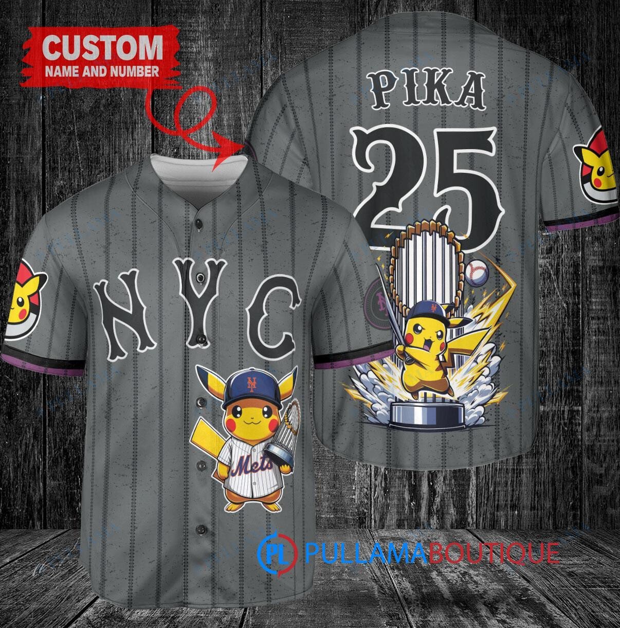 New York Mets x Pikachu Pokemon with Trophy Custom Baseball Jersey Graphite City Connect