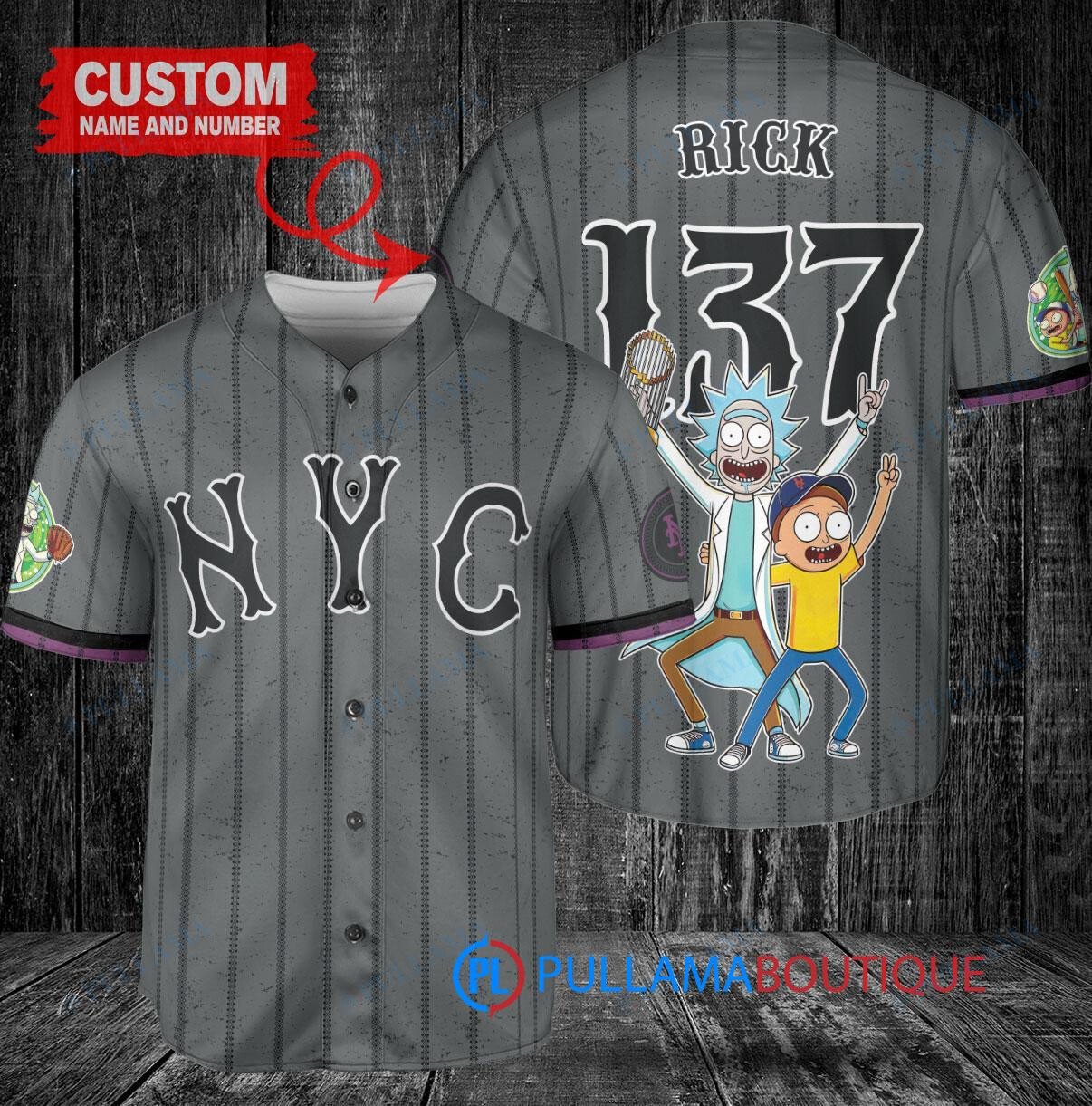 New York Mets x Rick and Morty with Trophy Custom Baseball Jersey Graphite City Connect