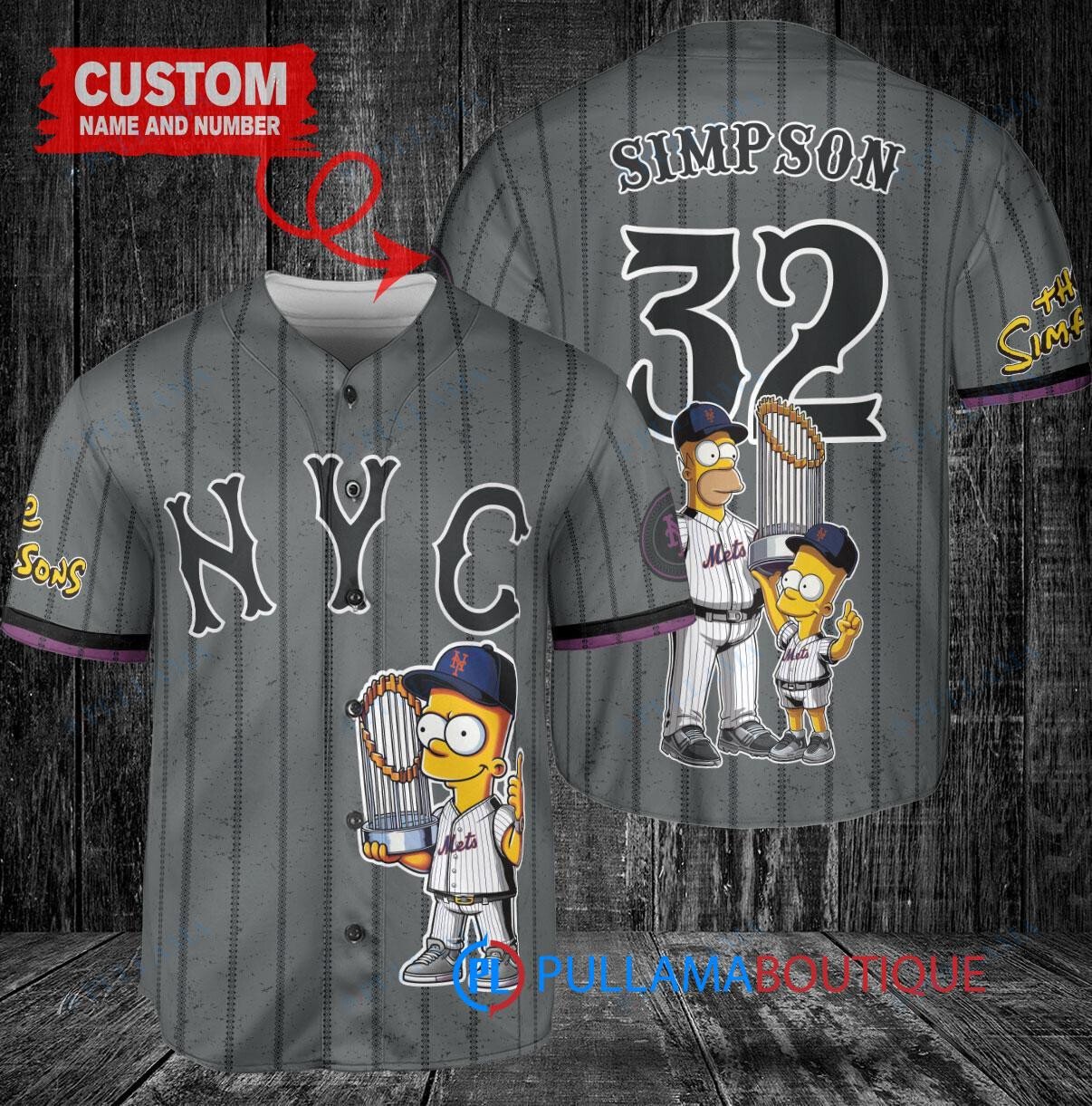 New York Mets x The Simpsons Bart Simpson, Homer Simpson, Lisa Simpson with Trophy Custom Baseball Jersey Graphite City Connect
