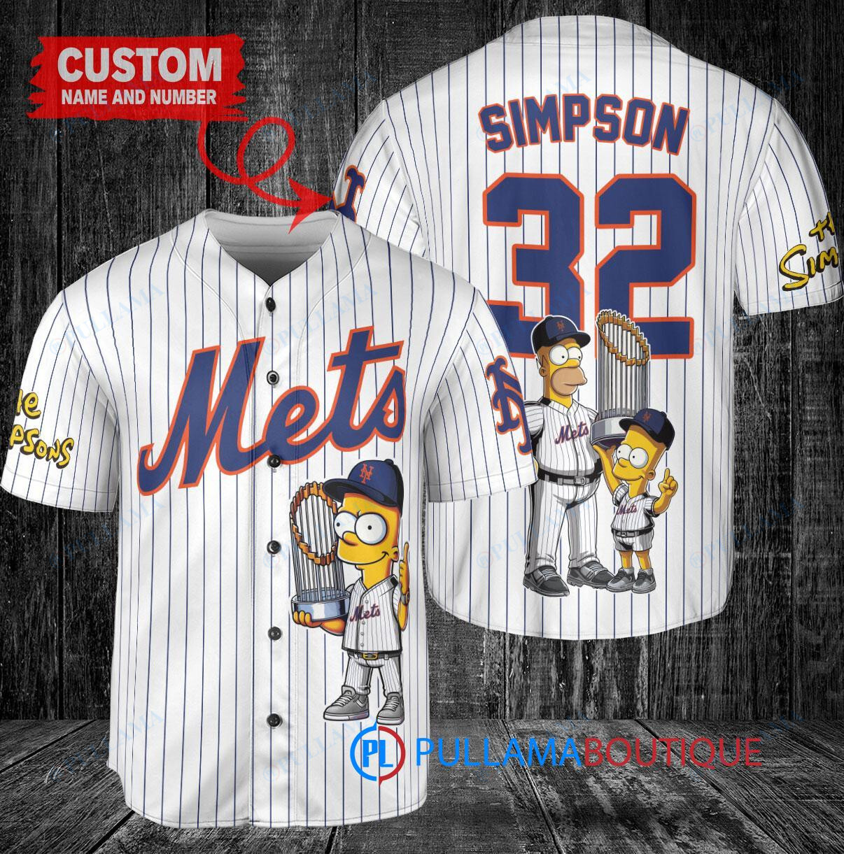 New York Mets x The Simpsons Bart Simpson, Homer Simpson, Lisa Simpson with Trophy Custom Baseball Jersey White