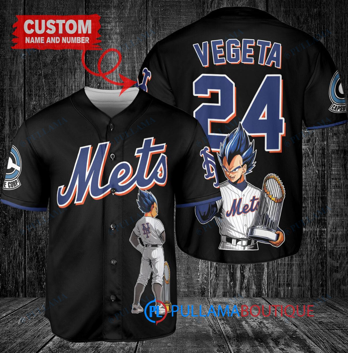 New York Mets x Vegeta Super Saiyan Dragon Ball Z with Trophy Custom Baseball Jersey Black