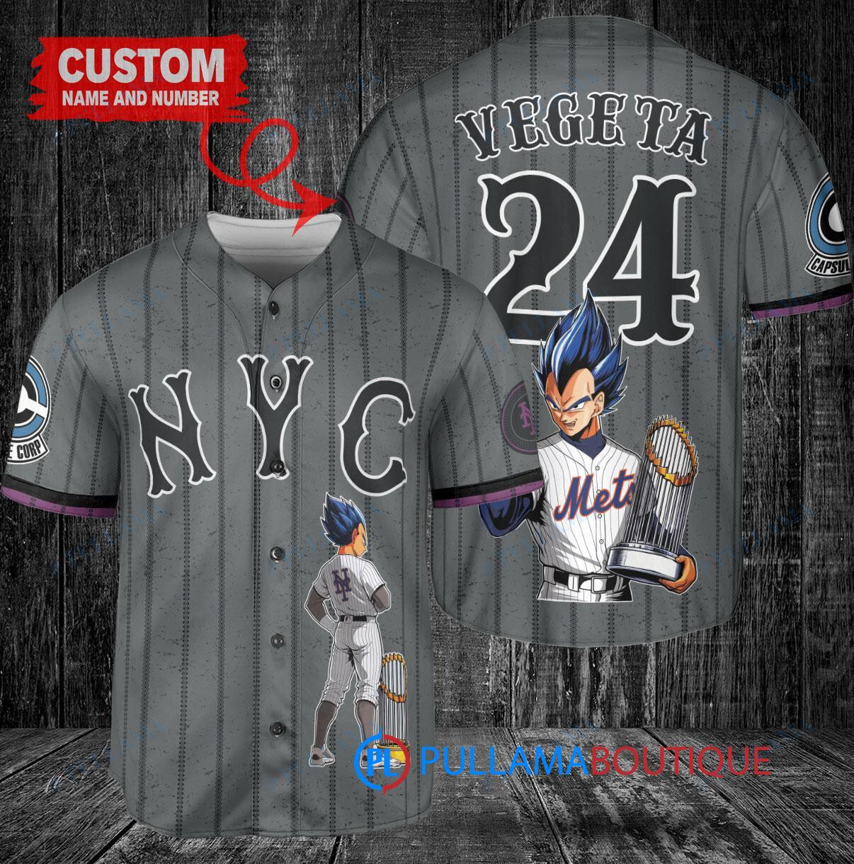New York Mets x Vegeta Super Saiyan Dragon Ball Z with Trophy Custom Baseball Jersey Graphite City Connect