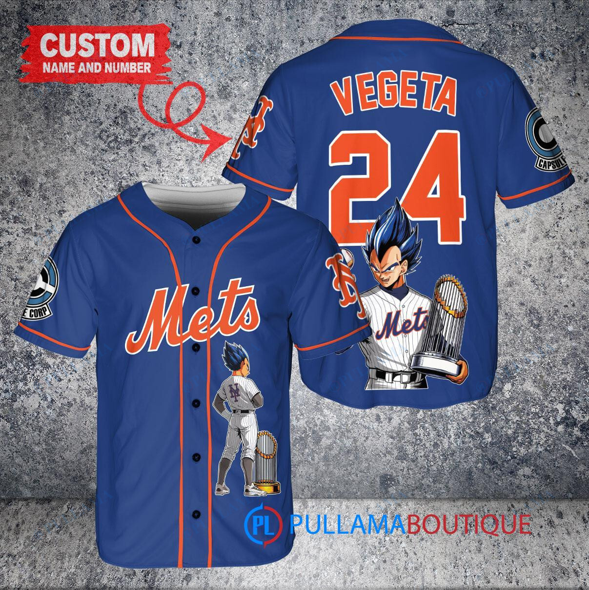 New York Mets x Vegeta Super Saiyan Dragon Ball Z with Trophy Custom Baseball Jersey Royal