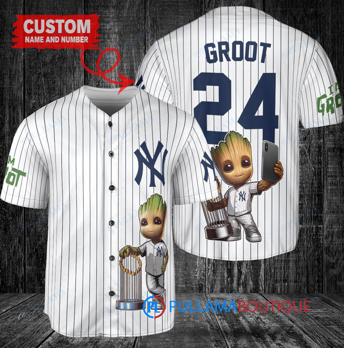 New York Yankees x Baby Groot Marvel Guardians Of The Galaxy with Trophy Custom Baseball Jersey White