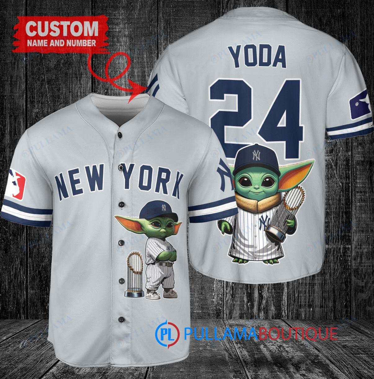 New York Yankees x Baby Yoda Star Wars The Mandalorian with Trophy Custom Baseball Jersey Gray