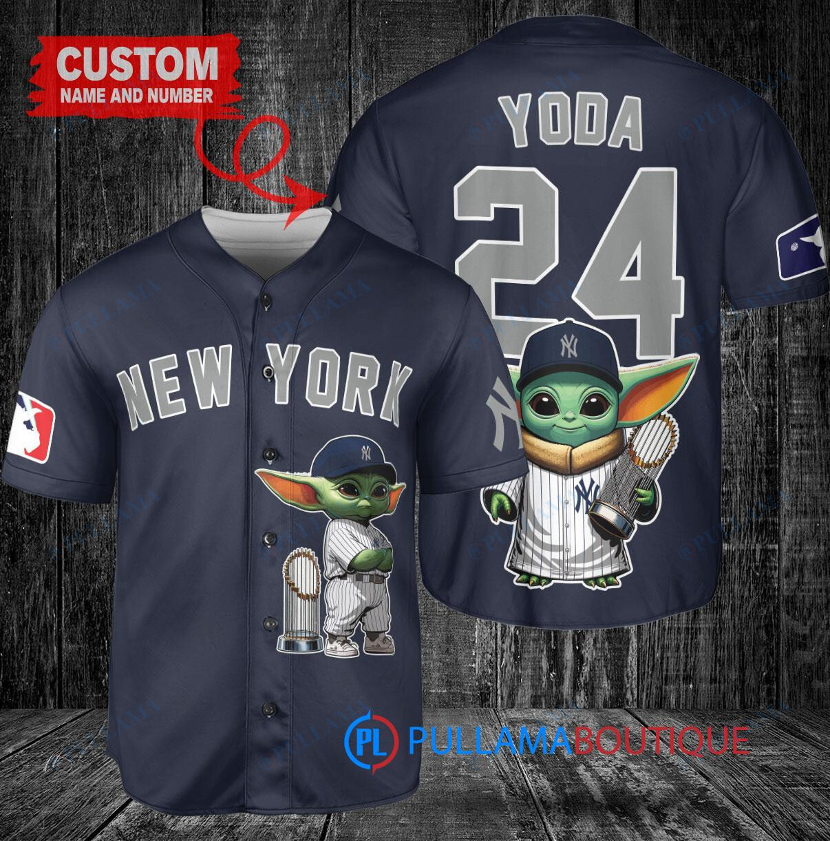 New York Yankees x Baby Yoda Star Wars The Mandalorian with Trophy Custom Baseball Jersey Navy