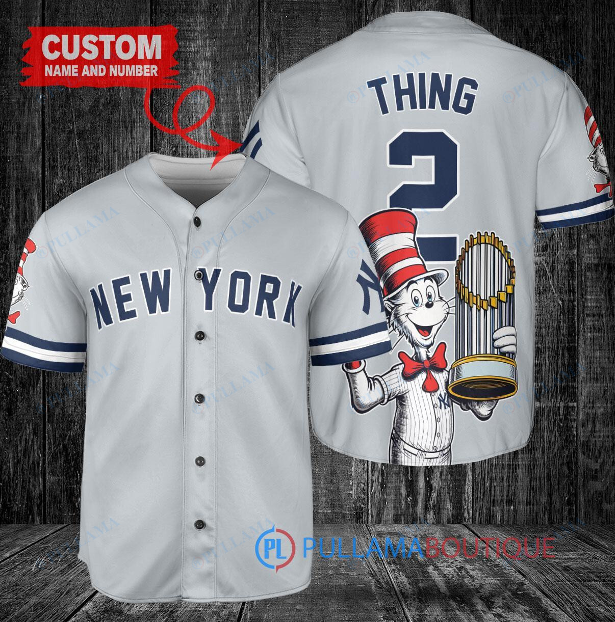 New York Yankees x Dr Seuss with World Series Trophy Custom Baseball Jersey Gray