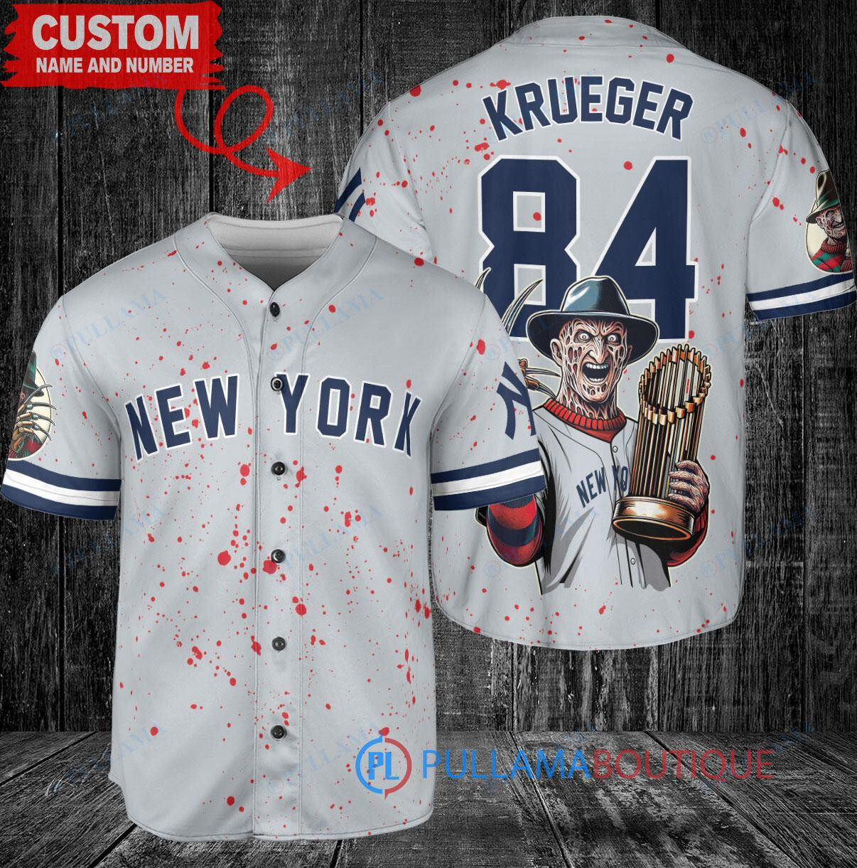 New York Yankees x Freddy Krueger A Nightmare on Elm Street Halloween with World Series Trophy Custom Baseball Jersey Gray